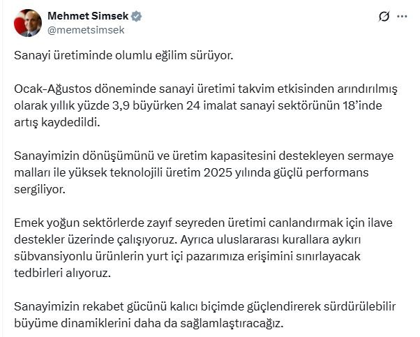 Bakan Şimşek’ten Sanayi Üretiminde Güçlü Büyüme Açıklaması: 18 Sektörde Artış Kaydedildi