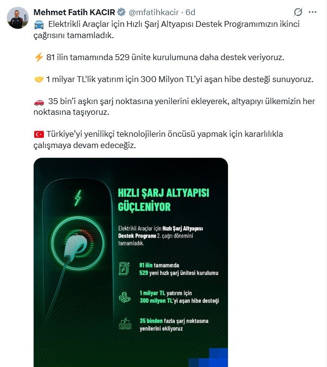 Bakan Kacır’dan Elektrikli Araç Devrimi: 81 İlde 529 Yeni Şarj Ünitesi Kuruluyor
