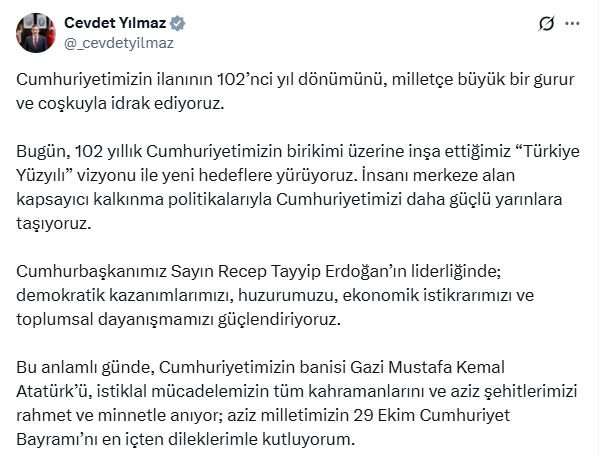 Cevdet Yılmaz’dan 29 Ekim Mesajı: Türkiye Yüzyılı Vizyonuyla Yeni Hedeflere Yürüyoruz