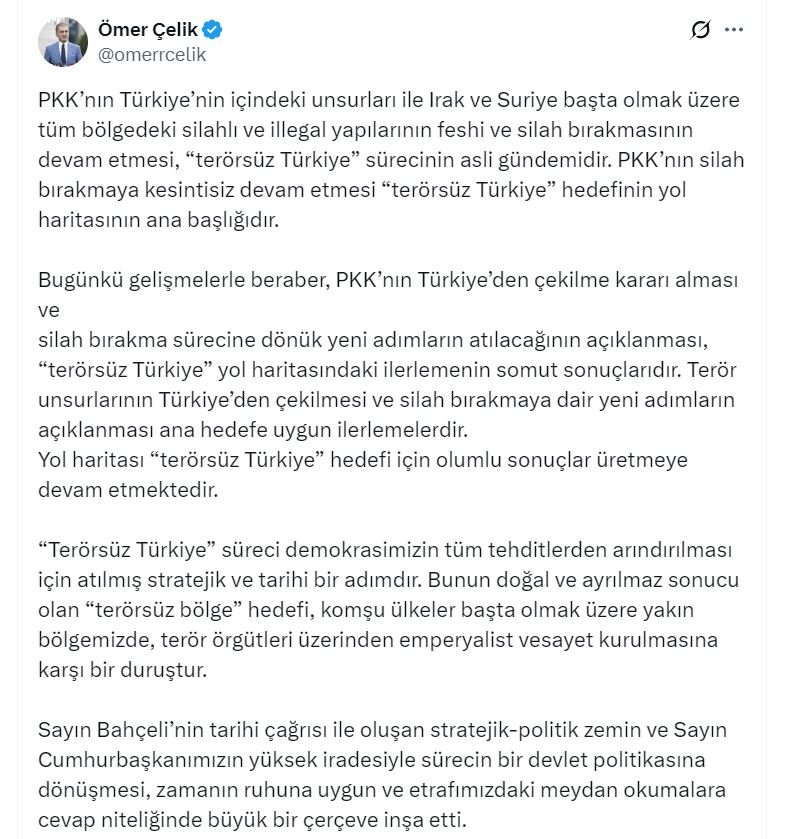 AK Parti’li Çelik’ten Tarihi Açıklama: PKK’nın Çekilme Kararı ‘Terörsüz Türkiye’ Yol Haritasının Somut Sonucu AK Parti Sözcüsü Ömer