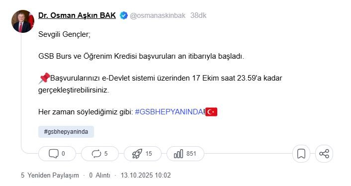 Gençlik ve Spor Bakanı Bak’tan Önemli Duyuru: 2025-2026 Eğitim Dönemi Burs ve Kredi Başvuruları Başladı!