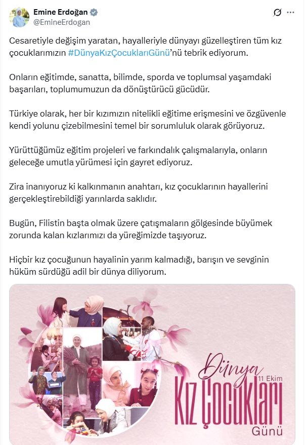 Emine Erdoğan’dan Dünya Kız Çocukları Günü’nde Anlamlı Mesaj: ‘Kalkınmanın Anahtarı Kız Çocuklarının Hayallerinde Saklı’