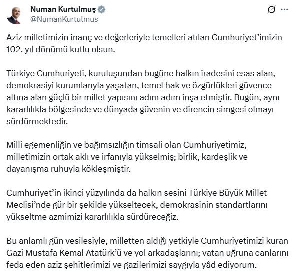 TBMM Başkanı Kurtulmuş’tan Tarihi Cumhuriyet Bayramı Mesajı: ‘Demokrasi Standartlarını Yükseltme Azmimiz Kararlılıkla Sürecek’