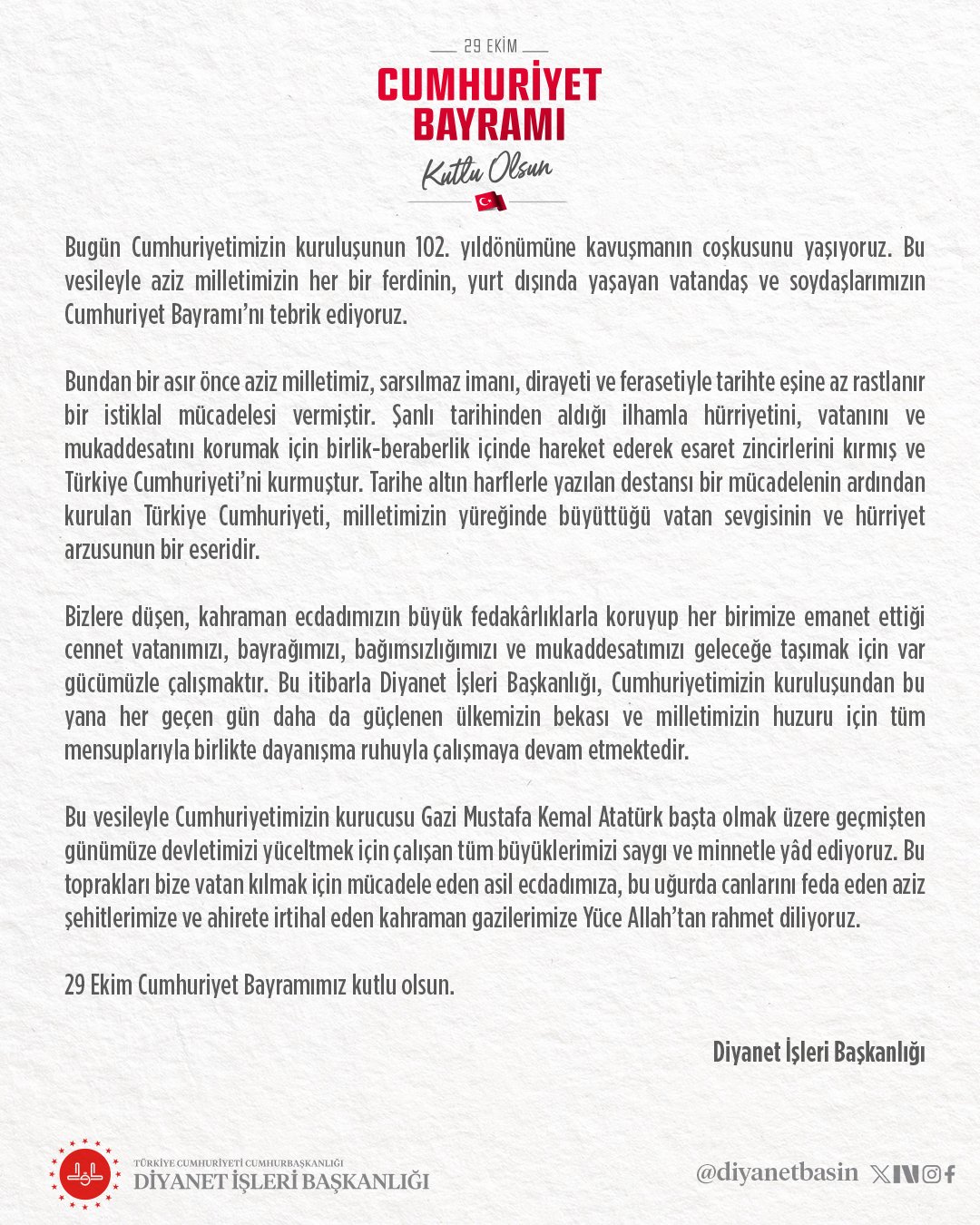 Diyanet’ten 29 Ekim Cumhuriyet Bayramı Mesajı: ‘Atatürk’ü Saygı ve Minnetle Yad Ediyoruz’