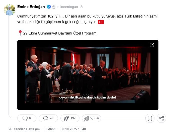 Emine Erdoğan’dan 29 Ekim Cumhuriyet Bayramı’nda Anlamlı Mesaj: “Bir Asrı Aşan Kutlu Yürüyüş”