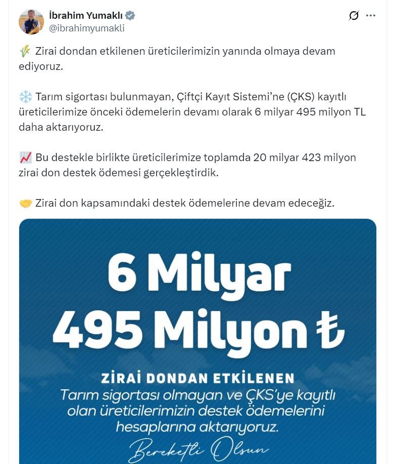 Tarım ve Orman Bakanlığı’ndan Zirai Don Mağduru Üreticilere 20 Milyar 423 Milyon Lira Destek
