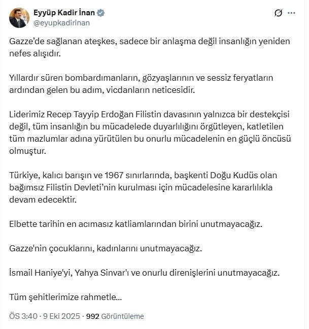 AK Parti’li İnan’dan Tarihi Açıklama: Türkiye, Bağımsız Filistin İçin Mücadelesine Devam Edecek