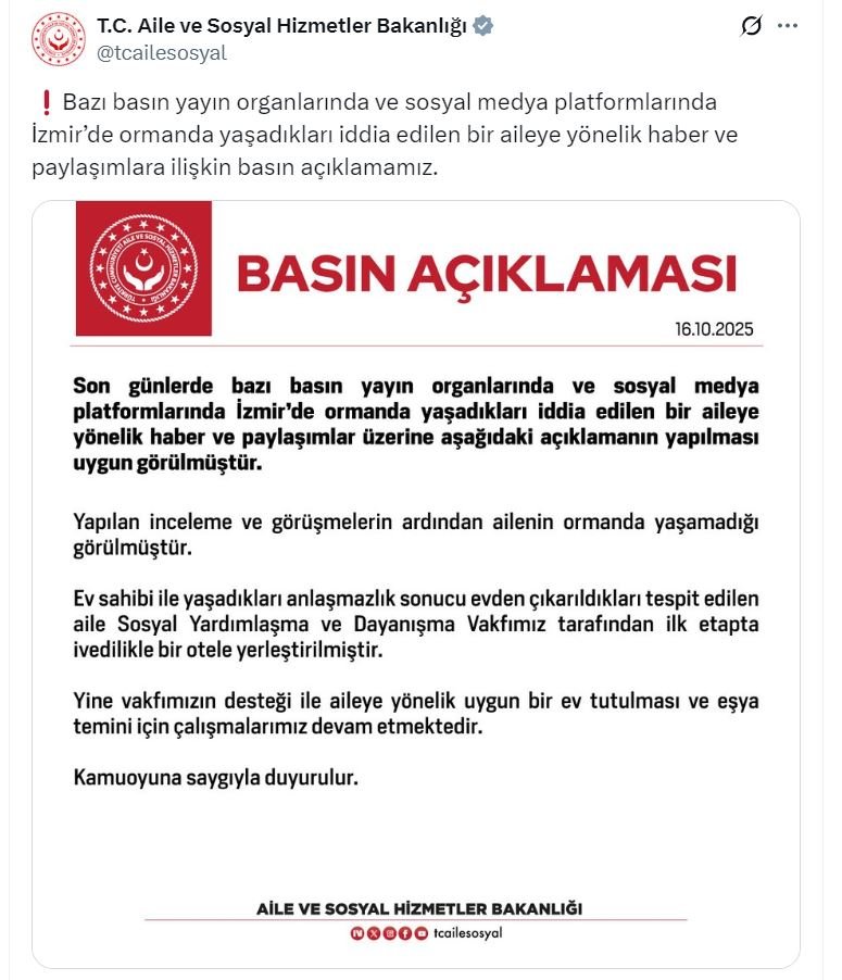 Aile ve Sosyal Hizmetler Bakanlığı’ndan İzmir’deki Aile İçin Kritik Açıklama: Ormanda Yaşam İddiası Gerçeği Yansıtmıyor