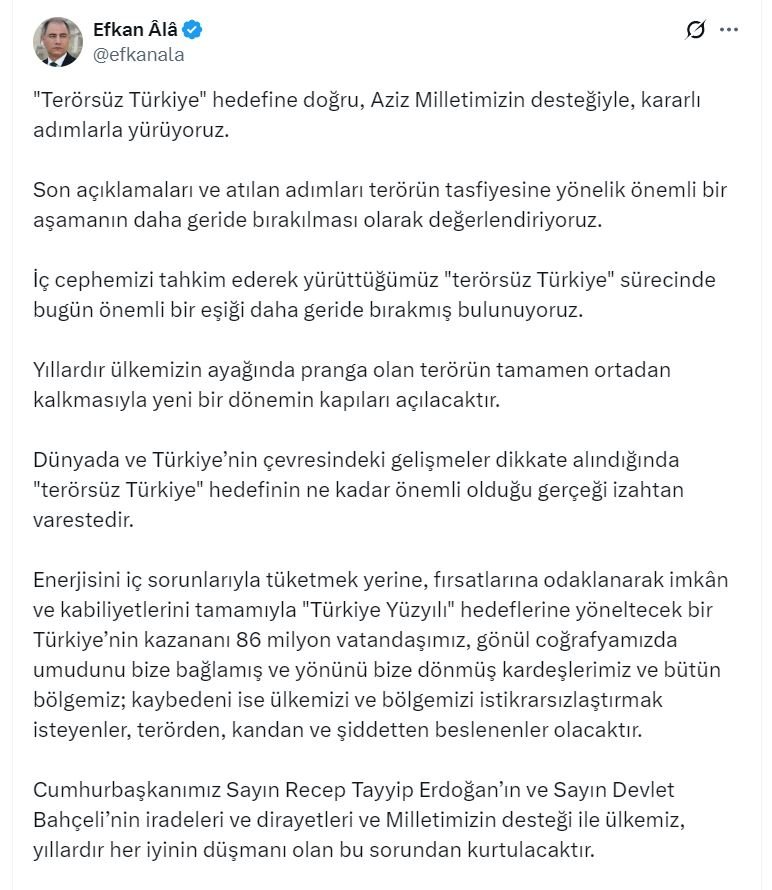 AK Parti’li Ala’dan Tarihi Açıklama: Terörün Tasfiyesiyle Yeni Dönem Kapıda AK Parti Genel Başkan