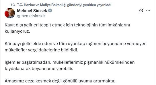 Bakan Şimşek’ten Vergi Açıklaması: Beyanname Vermeyen Mükellefler Vergi Dairelerine Bildirildi Hazine ve Maliye Bakanı