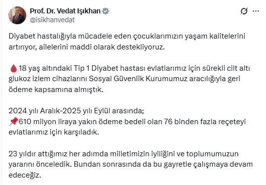 Bakan Işıkhan’dan Diyabetli Çocuklar İçin 610 Milyon Liralık Dev Destek