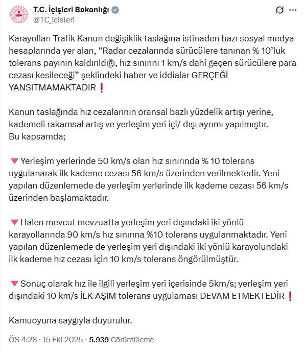 İçişleri Bakanlığı, hız sınırı