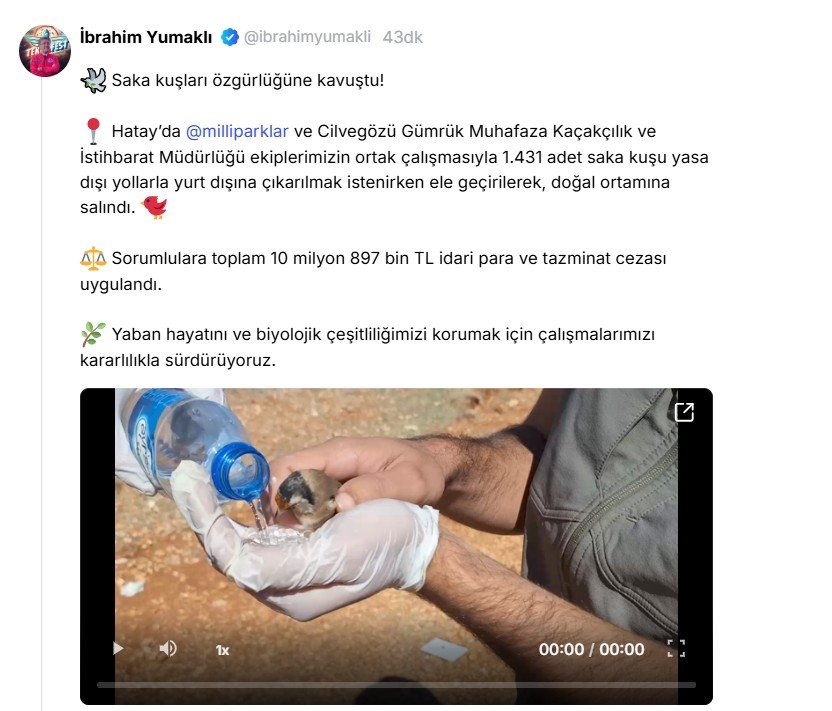 Tarım Bakanı Yumaklı’dan Saka Kuşu Kaçakçılığına Ağır Darbe: 1431 Kuş Kurtarıldı, 10.9 Milyon TL Ceza Kesildi