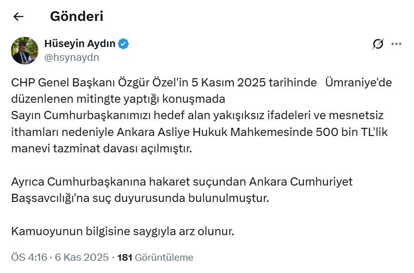 Cumhurbaşkanı Erdoğan’dan Özgür Özel’e 500 Bin Liralık Tazminat Davası!