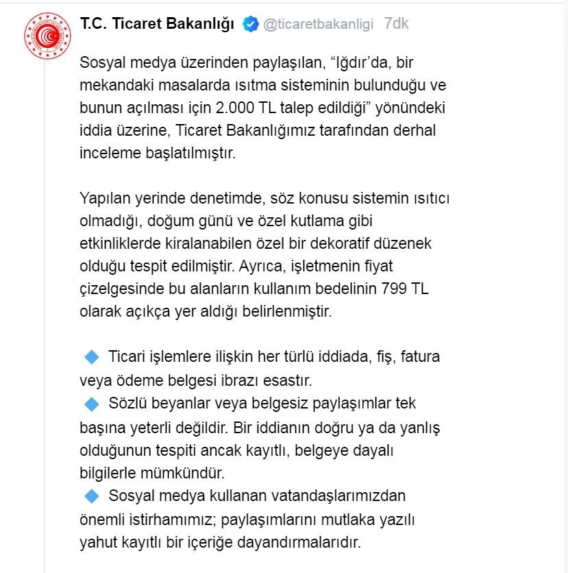 Ticaret Bakanlığı’ndan ‘Isıtıcı İçin 2 Bin TL Talep’ İddiasına Net Yanıt: ‘Dekoratif Düzenek, Ücreti 799 TL’