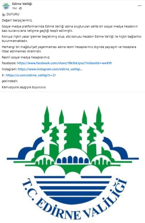 Edirne Valiliği, sosyal medyada valilik