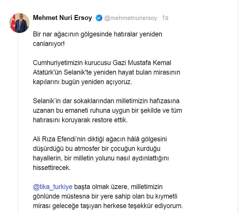 Bakan Ersoy’dan Selanik Atatürk Evi’nde Duygulandıran Açıklama: ‘Nar Ağacının Gölgesinde Hatıralar Yeniden Canlanıyor’