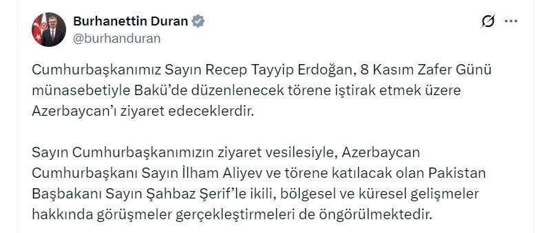 Cumhurbaşkanı Erdoğan Azerbaycan’a Gidiyor: 8 Kasım Zafer Günü Töreninde Türkiye-Azerbaycan Kardeşliği Taçlanacak