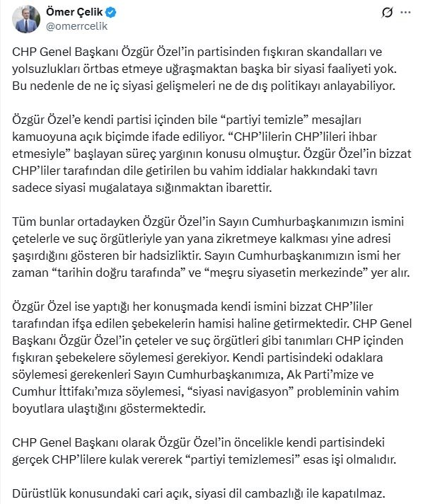 AK Parti’li Çelik’ten Özgür Özel’e Sert Tepki: ‘CHP’yi Temizlemesi Esas İşi Olmalı’