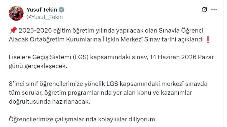 Milli Eğitim Bakanı Tekin’den LGS Açıklaması: 2026 Sınav Tarihi Belli Oldu!