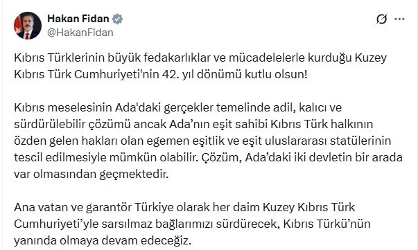 Bakan Fidan’dan KKTC’nin 42. Kuruluş Yılında Tarihi Açıklama: Çözüm İki Devletin Bir Arada Var Olmasından Geçer