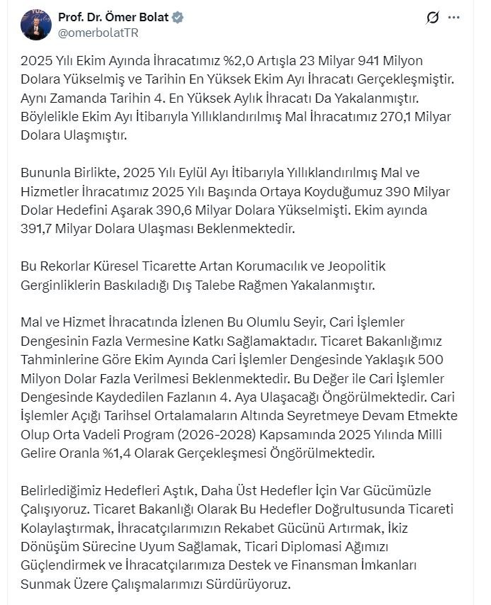 Ticaret Bakanı Bolat’tan Ekim Ayı İçin Tarihi Açıklama: Cari İşlemlerde 500 Milyon Dolar Fazla Bekleniyor