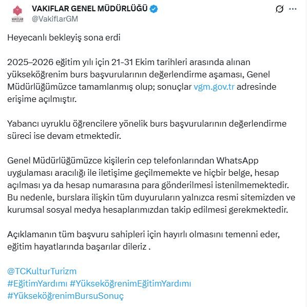 Vakıflar Genel Müdürlüğü Yükseköğrenim Burs Sonuçlarını Açıkladı!