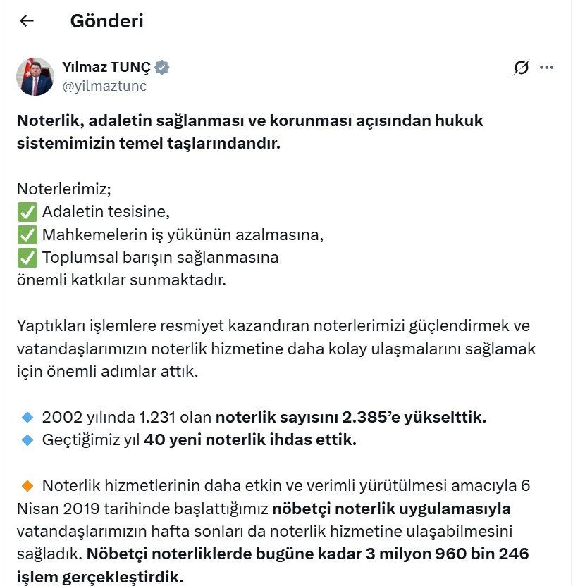 Adalet Bakanı Tunç’tan Devrim Niteliğinde Açıklama: Nöbetçi Noterlikle 4 Milyona Yakın İşlem Gerçekleştirildi!