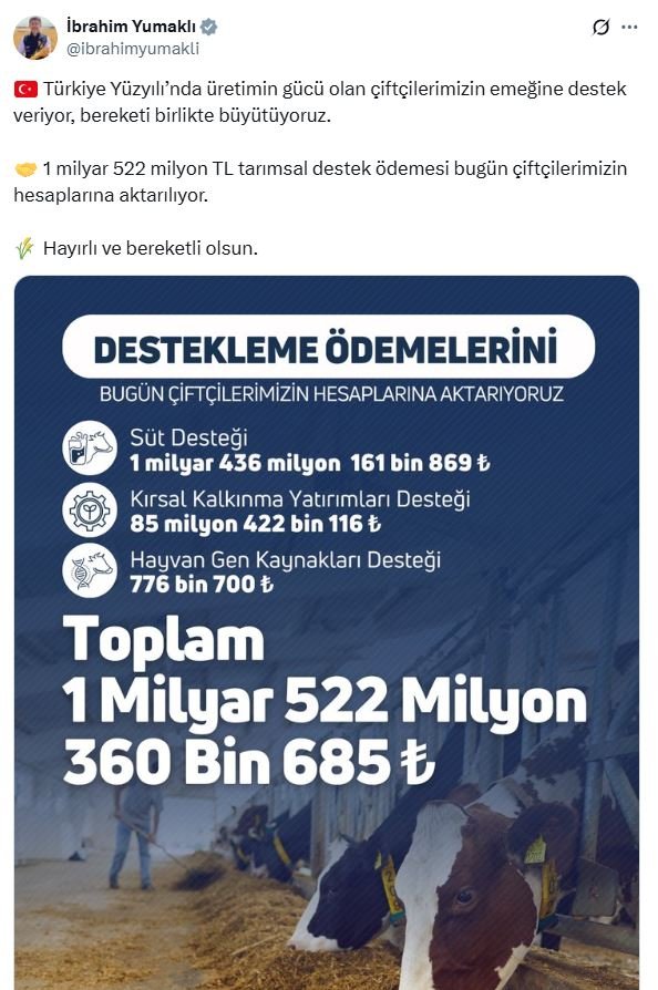 Tarım ve Orman Bakanı Yumaklı’dan Çiftçilere Müjde: 1,5 Milyar TL Destek Bugün Hesaplarda!