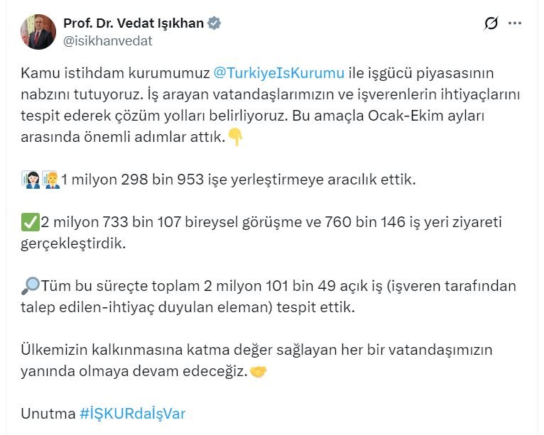 Bakan Işıkhan’dan İstihdam Hamlesi: 1 Milyon 298 Bin Kişi İşe Yerleştirildi