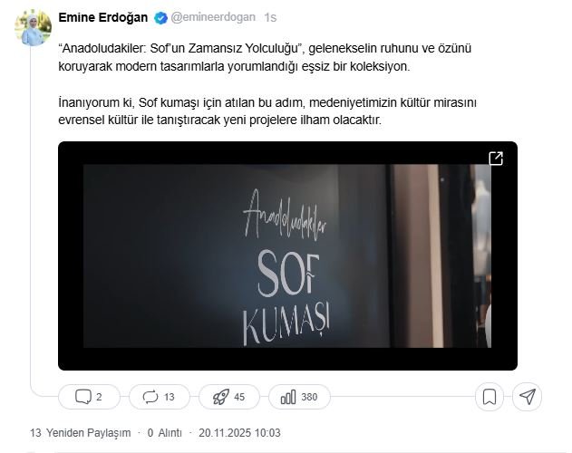 Emine Erdoğan’dan ‘Anadoludakiler: Sof’un Zamansız Yolculuğu’ Sergisine Övgü Dolu Paylaşım