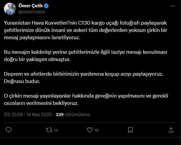 AK Parti’li Çelik’ten Yunanistan’a Sert Tepki: Şehitlere Yönelik Çirkin Paylaşımı Lanetliyoruz