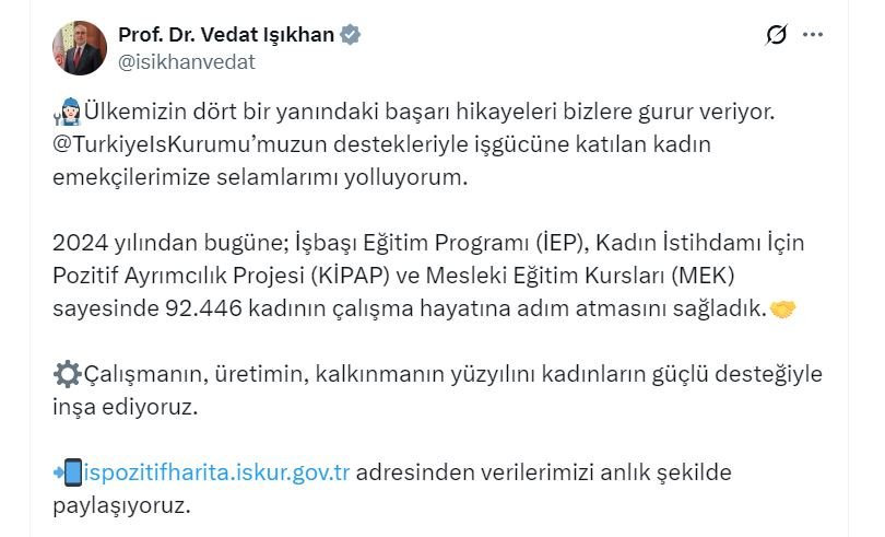 Bakan Işıkhan’dan Kadın İstihdamında Dev Atılım: 92 Bin 446 Kadın İş Hayatına Kazandırıldı!