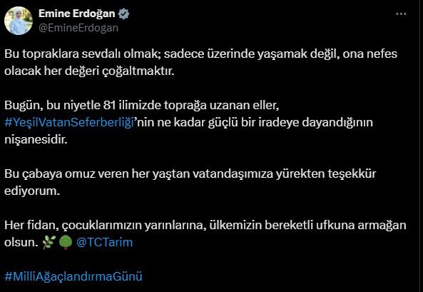 Emine Erdoğan’dan 11 Kasım Milli Ağaçlandırma Günü’nde Anlamlı Mesaj: ‘Her Fidan Çocuklarımızın Yarınlarına Armağan Olsun’
