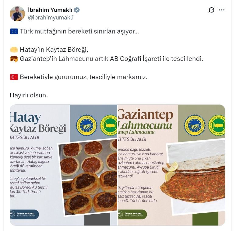 Tarım Bakanı Yumaklı Müjdeyi Verdi: Hatay Kaytaz Böreği ve Gaziantep Lahmacunu AB Tescili Aldı!