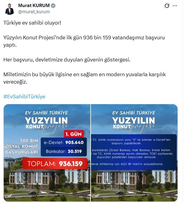 Yüzyılın Konut Projesi’nde Rekor Başvuru: İlk Günde 936 Bin 159 Kişi Ev Sahibi Olmak İçin Sıraya Girdi!