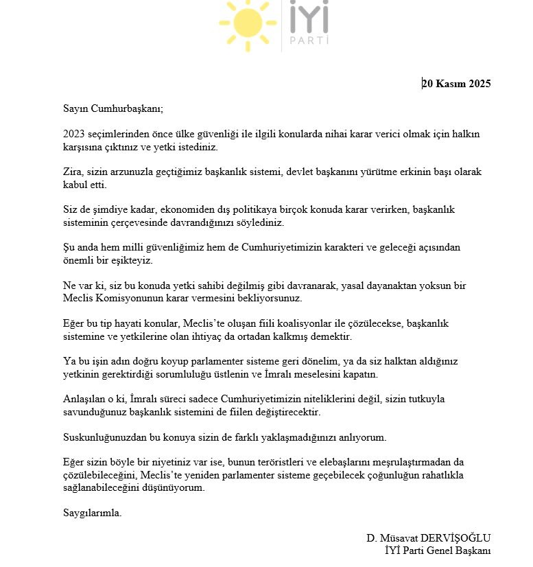 Dervişoğlu’dan Erdoğan’a Sert Mektup: ‘İmralı Meselesini Kapatın veya Parlamenter Sisteme Dönün’