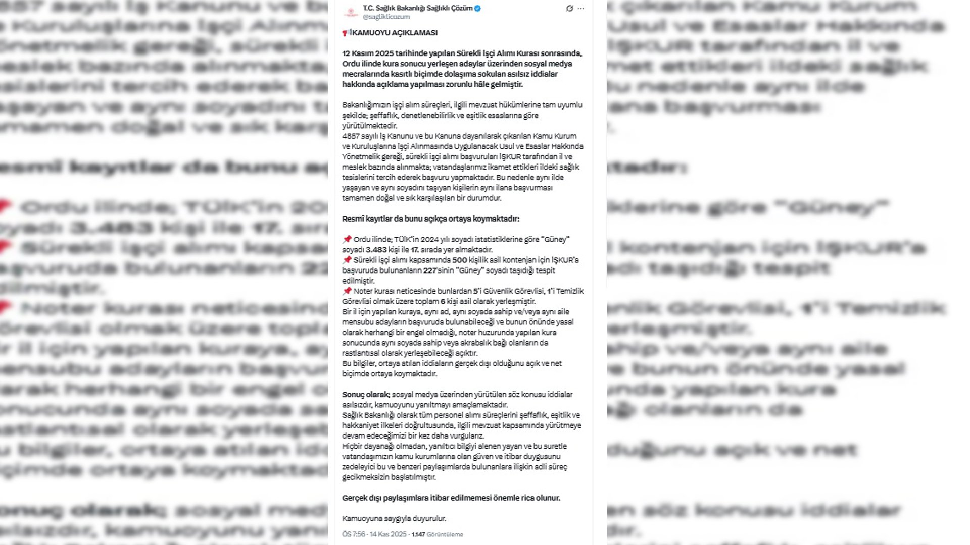 Sağlık Bakanlığı’ndan Ordu’daki İşçi Alımı İddialarına Net Yanıt: ‘Sosyal Medyadaki Bilgiler Asılsız’