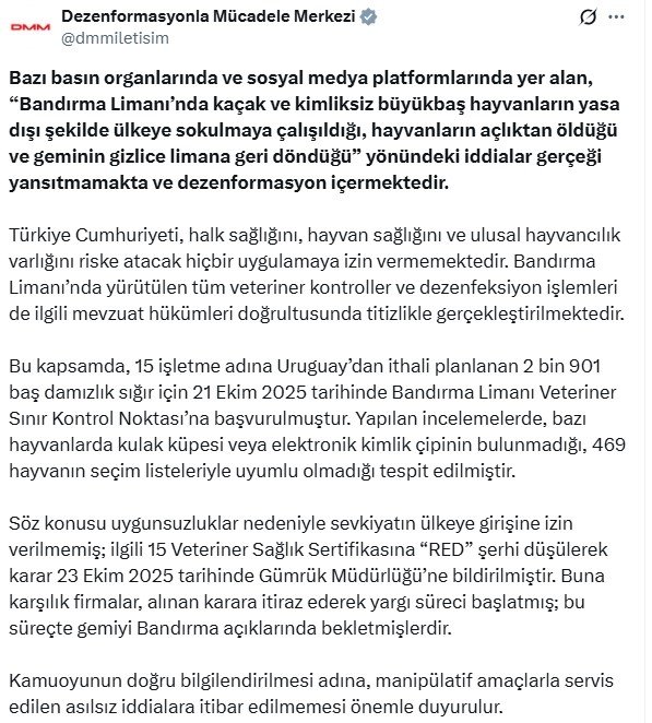 DMM’den Bandırma Limanı’ndaki Kaçak Hayvan İddialarına Net Yanıt: ‘Asılsız ve Dezenformasyon’