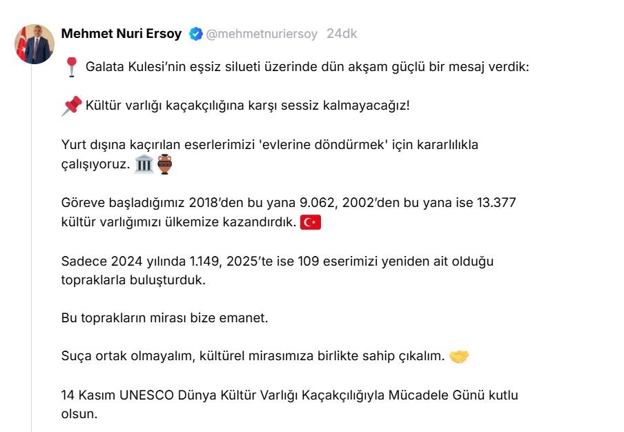 Kültür Bakanı Ersoy’dan Kritik Açıklama: 13 Bin 377 Kültür Varlığı Ülkeye Kazandırıldı