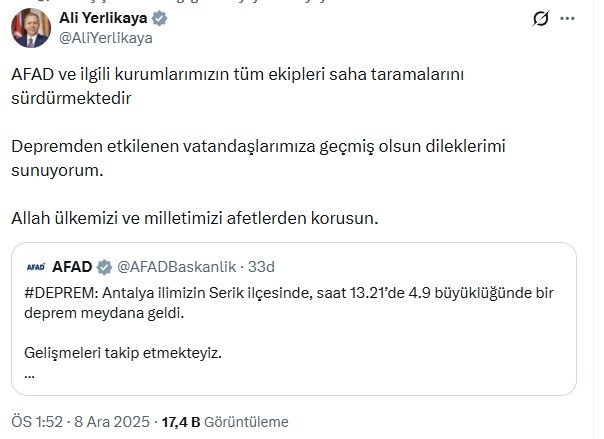 Antalya Serik’te Meydana Gelen 4.9 Büyüklüğündeki Depreme Bakan Yerlikaya’dan Açıklama