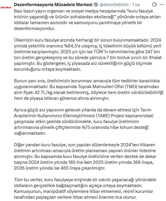 DMM’den Kritik Açıklama: ‘Kuru Fasulye Krizi’ İddiaları Tamamen Asılsız Dezenformasyon