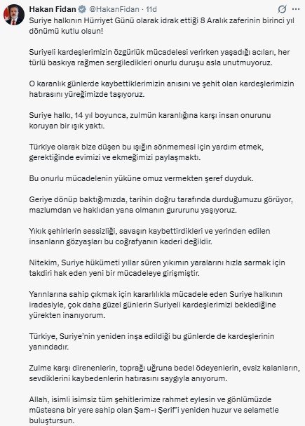 Dışişleri Bakanı Fidan’dan Suriye’nin ‘Hürriyet Günü’ Mesajı: ‘Türkiye Kardeşlerinin Yanındadır’