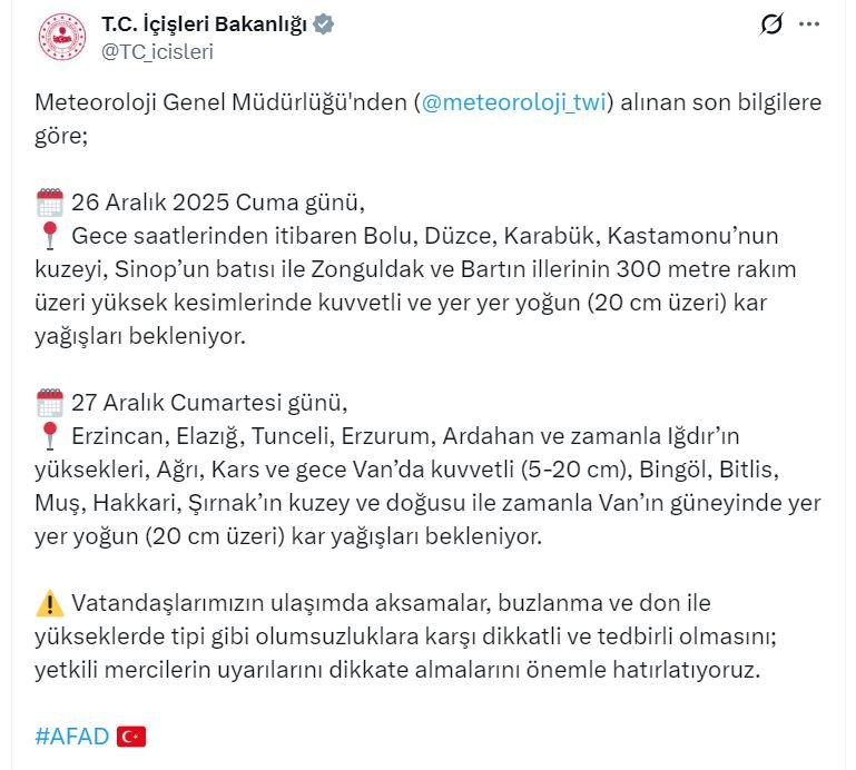 İçişleri Bakanlığı, 26-27 Aralık'ta 22