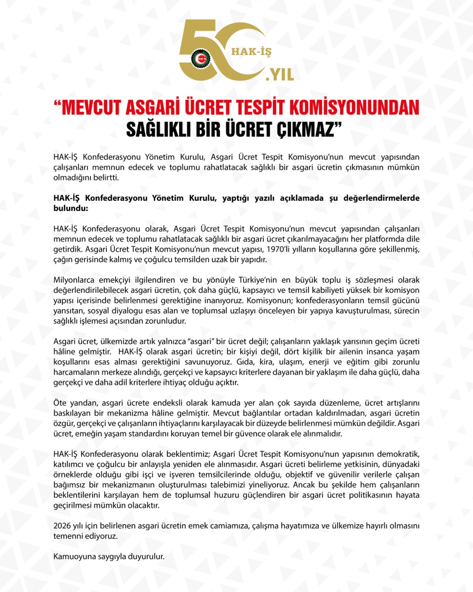 HAK-İŞ, Asgari Ücret Tespit Komisyonu'nu