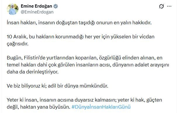 Emine Erdoğan’dan Dünya İnsan Hakları Günü’nde Çarpıcı Filistin Vurgusu