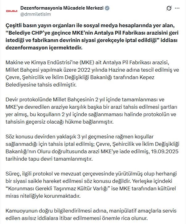 DMM’den Çarpıcı Açıklama: Antalya Pil Fabrikası Arazisi Devri Siyasi Değil, Protokol Gereği İptal Edildi