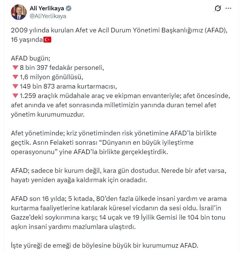 İçişleri Bakanı Ali Yerlikaya, AFAD'ın