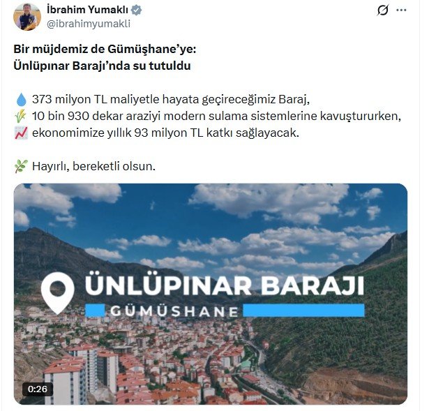 Bakan Yumaklı’dan Bayburt ve Gümüşhane’ye Su Müjdesi: İki Projede Su Tutulmaya Başlandı