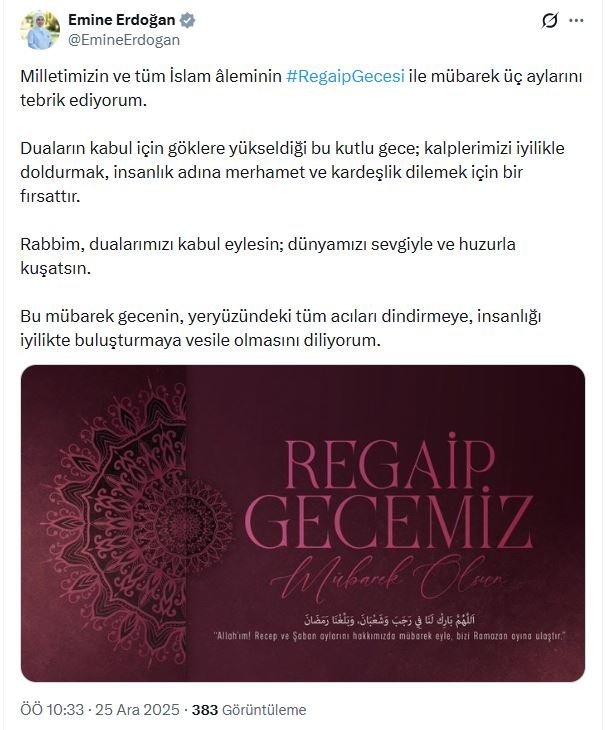 Emine Erdoğan, Regaip Gecesi ve